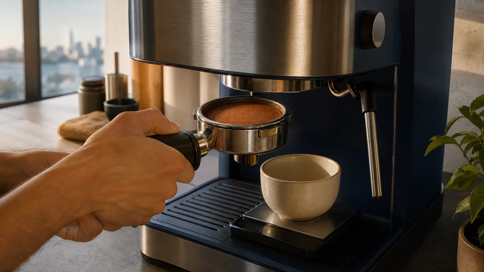 Level tamped portafilter being fitted to a home espresso machine