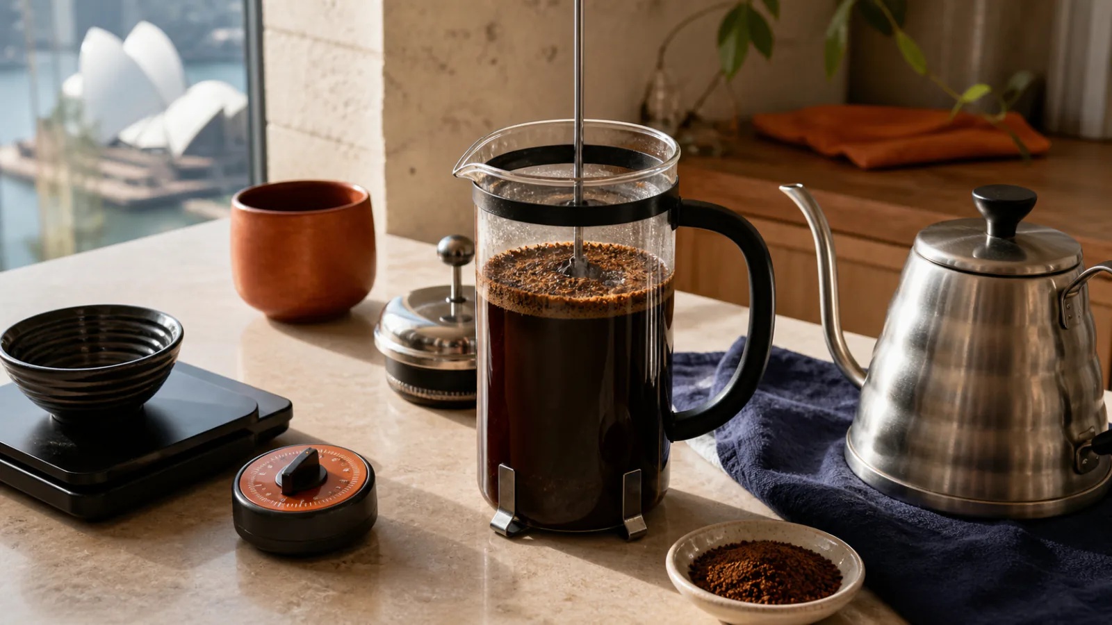 French press brewing beside a kettle, scale and timer
