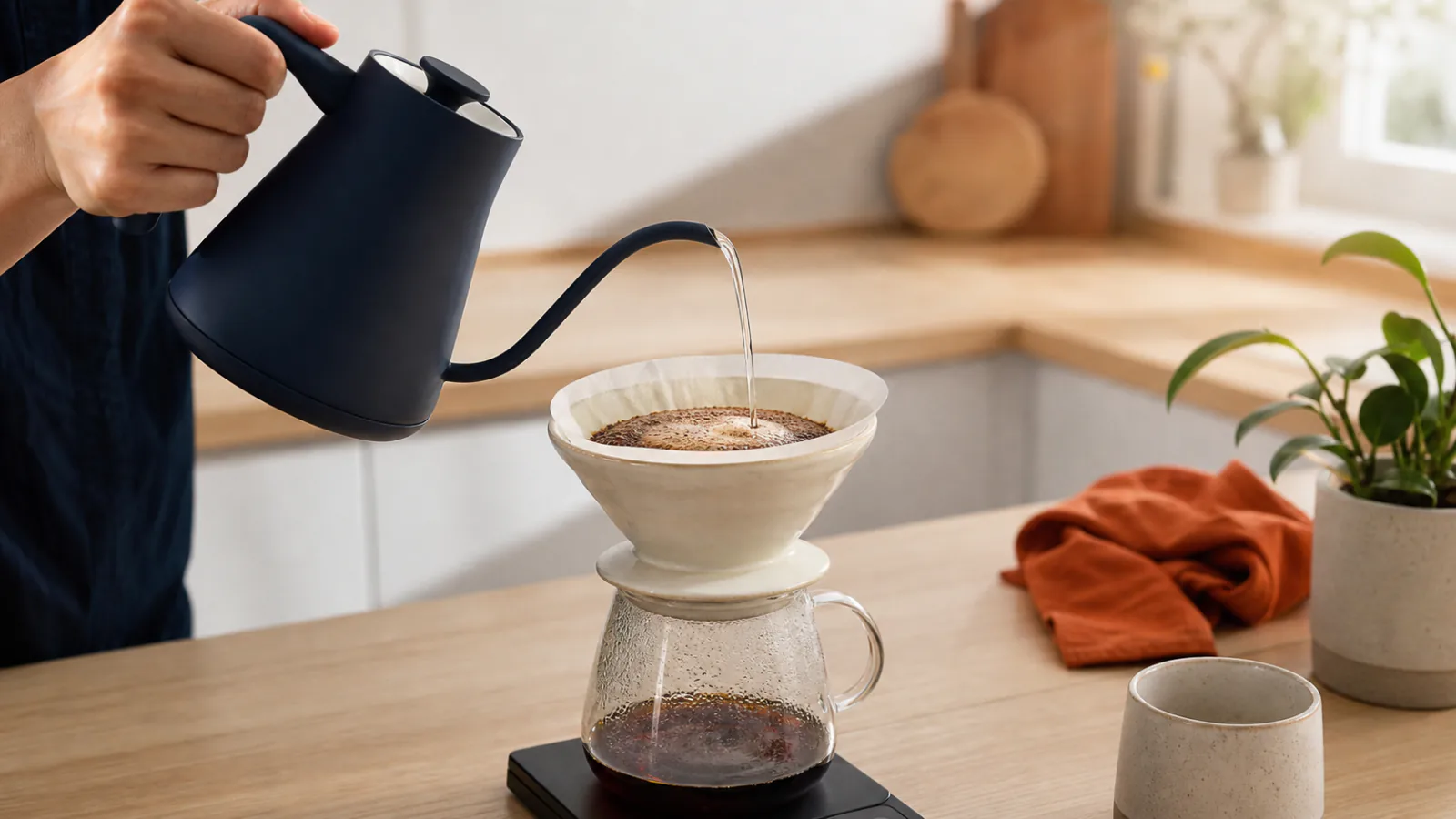 Water being poured from a gooseneck kettle into a cone dripper