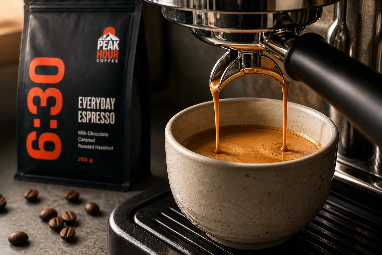 Fresh espresso with golden crema pouring beside a Peak Hour 6:30 coffee bag