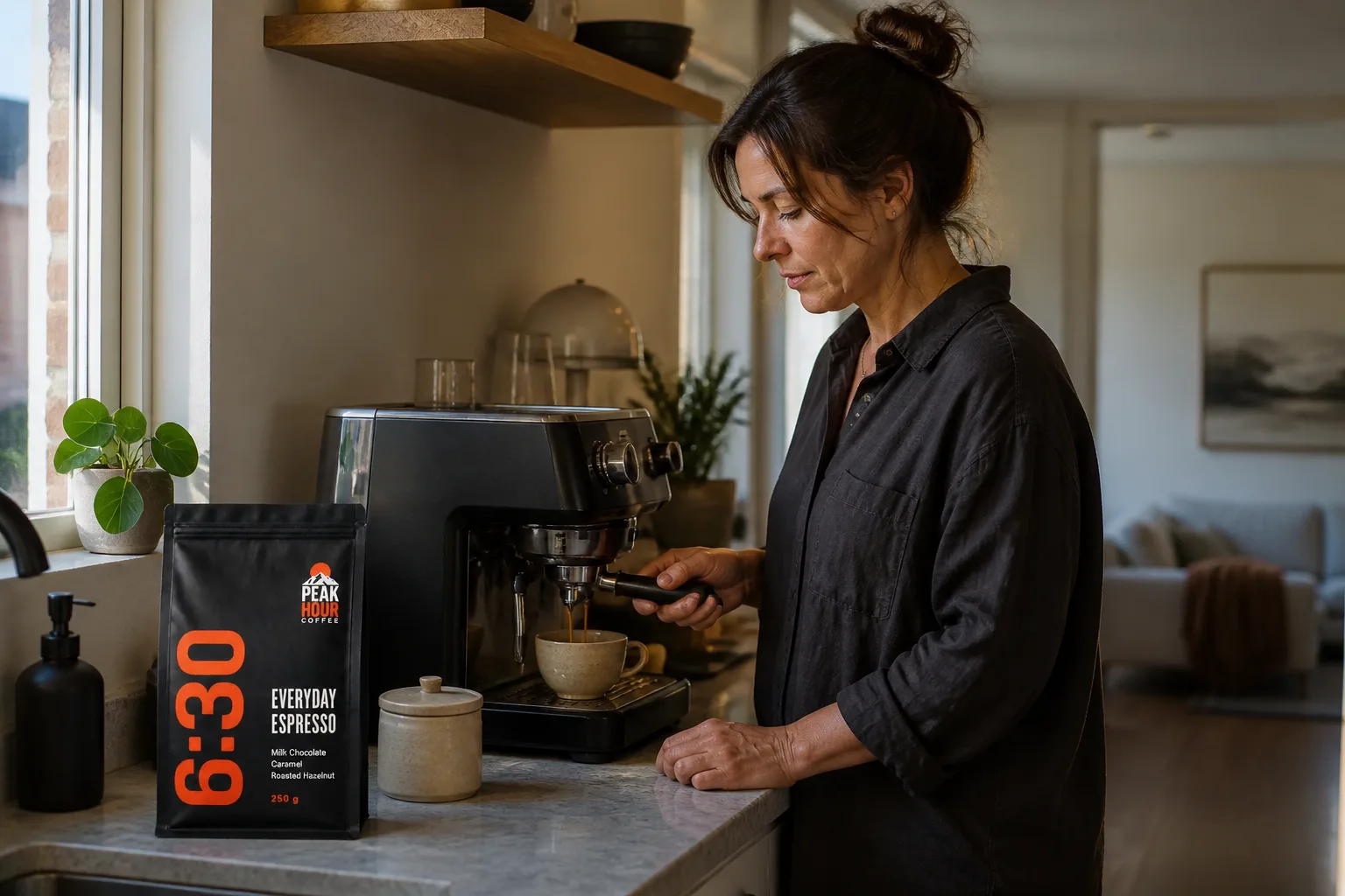 Woman making a morning flat white beside a Peak Hour 6:30 coffee bag in a Sydney kitchen