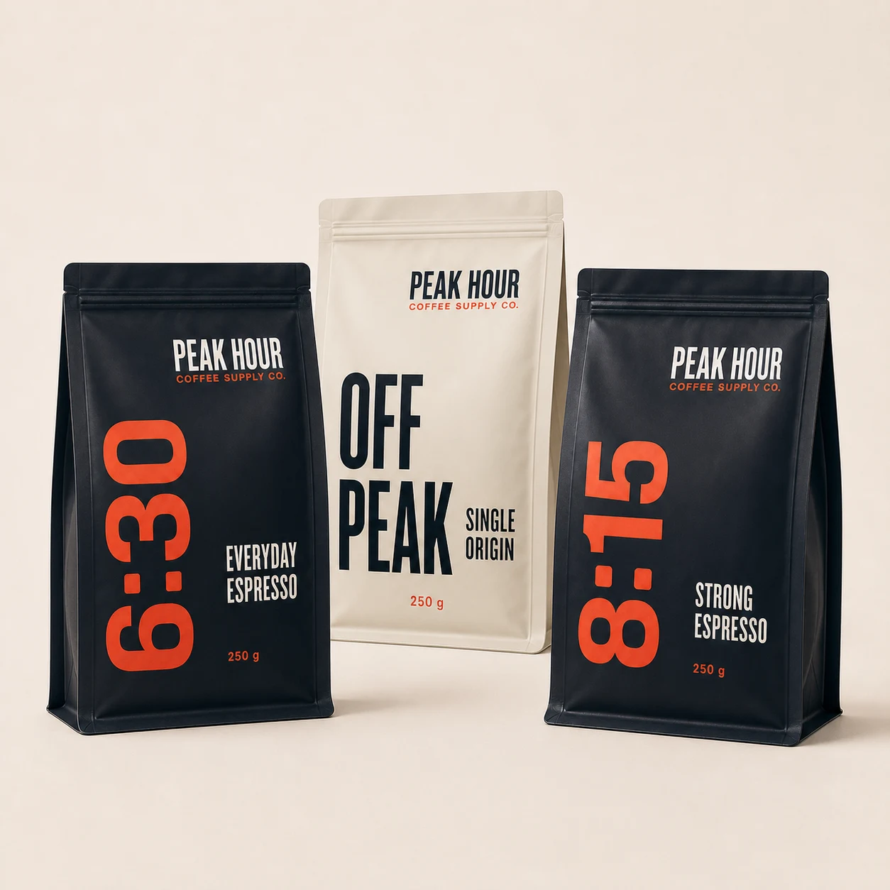 Peak Hour starter pack with 6:30, 8:15 and Off Peak coffee bags